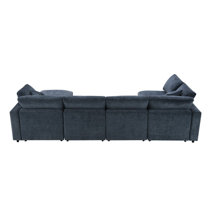 Modern Modular Cloud Sofa Bed, 6 Seat Chenille Sectional Couch Set With Ottoman, Free Combination, Convertible U Shaped Sleeper Sofa - Dark Blue