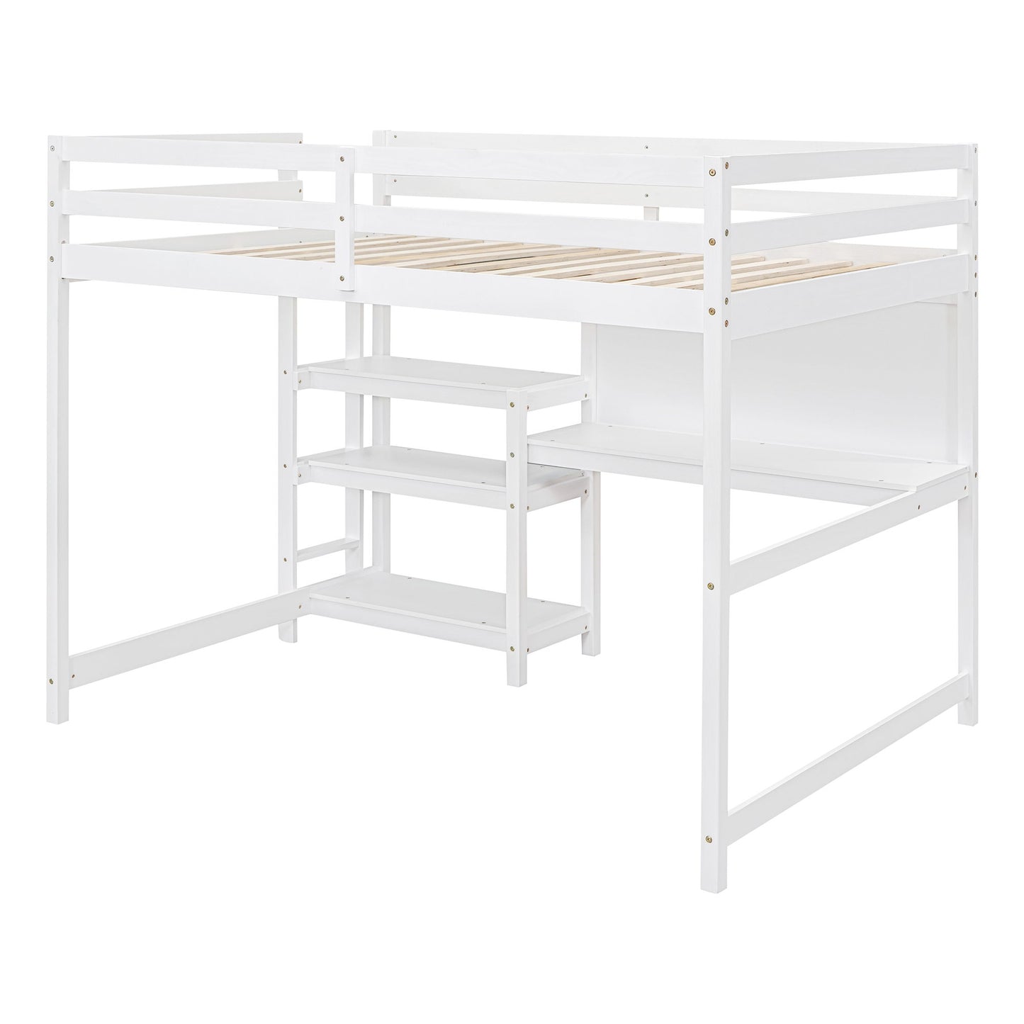 Full Size Loft Bed With Shelves, Desk And Writing Board - White