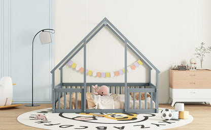 Full Wood House-Shaped Floor Bed With Fence, Guardrails - Gray