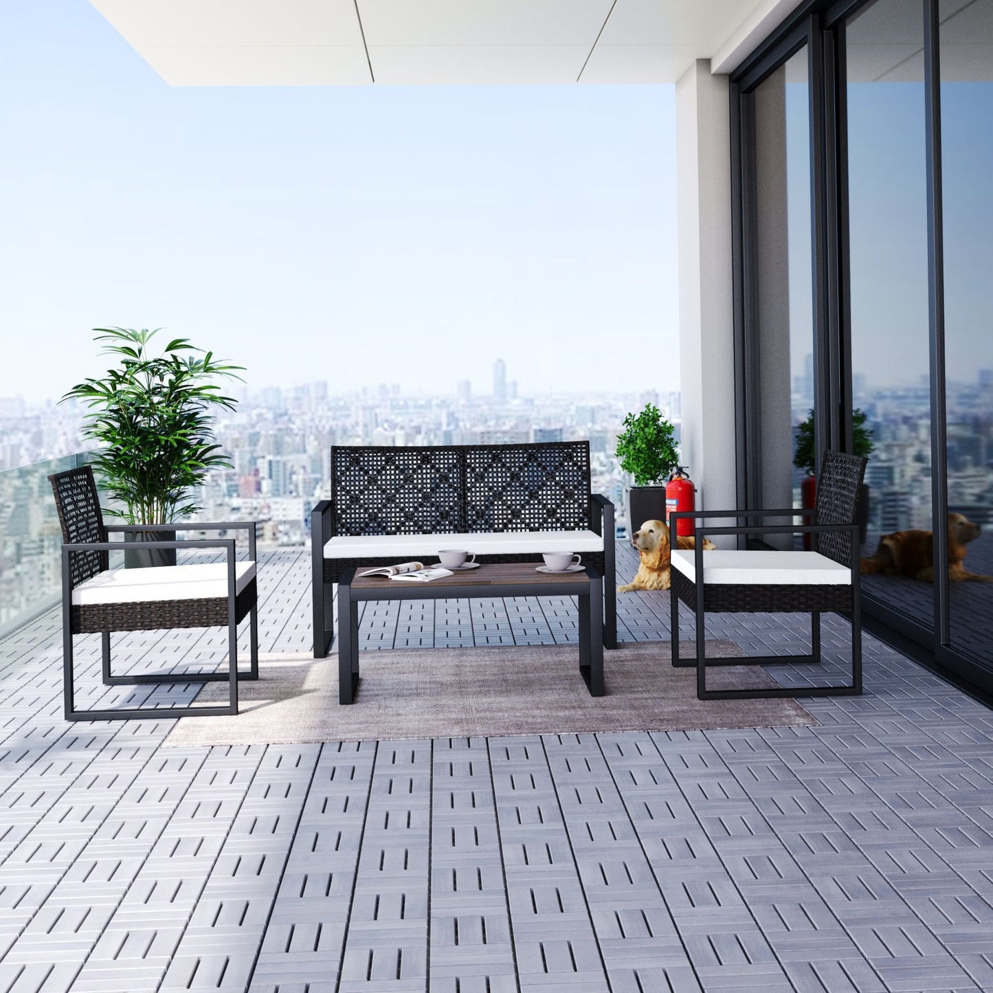 10 Piece Interlocking Deck Tiles Checker Pattern, Square Acacia Hardwood Outdoor Flooring For Patio, Bancony, Pool Side - Light Gray