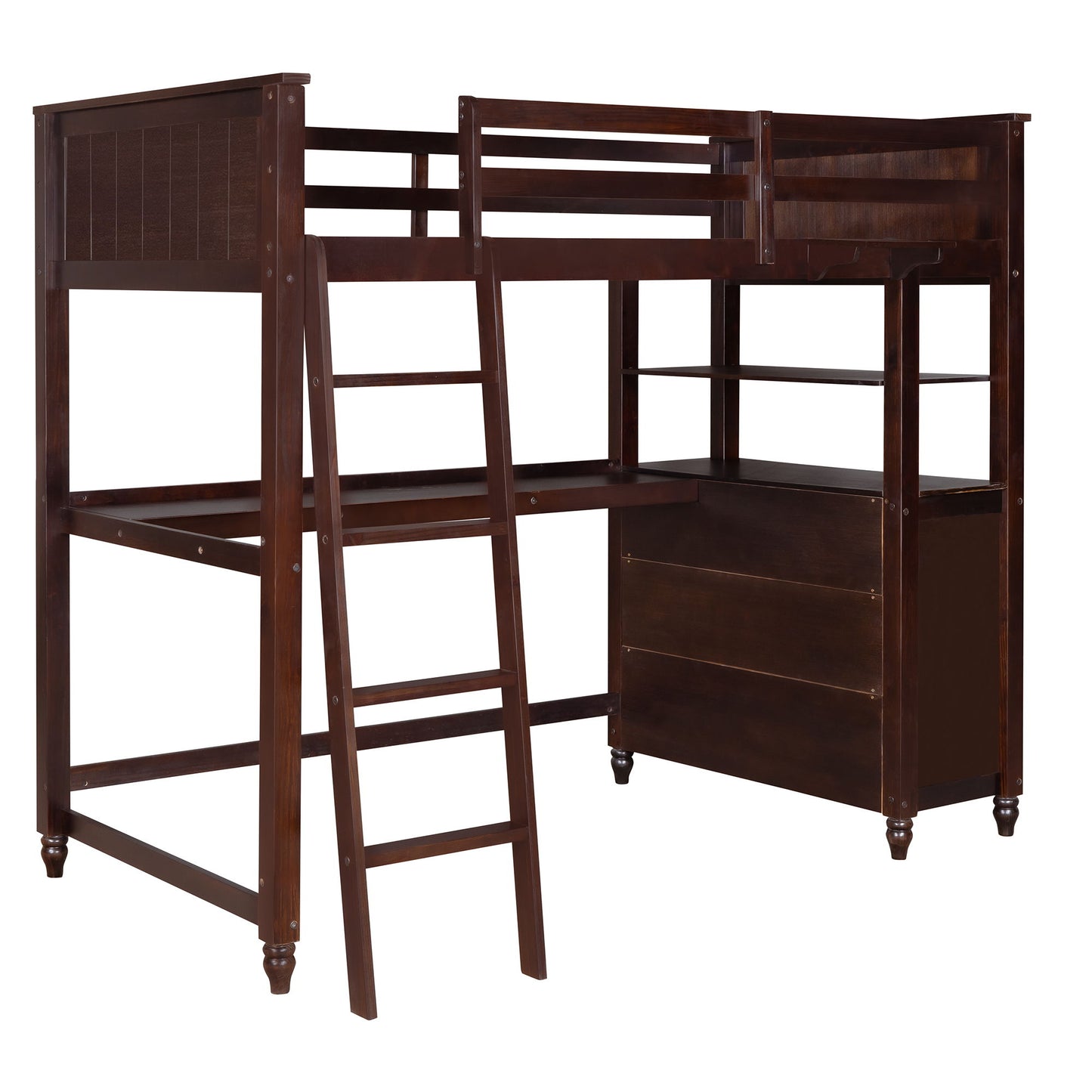 Twin Size Loft Bed With Drawers And Desk, With Shelves - Espresso