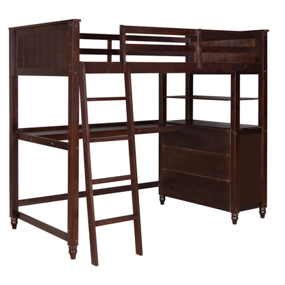 Twin Size Loft Bed With Drawers And Desk, With Shelves - Espresso
