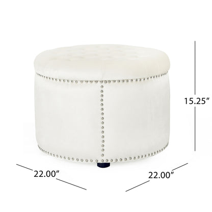 Elegant Round Ottoman With Studded Rim - Beige