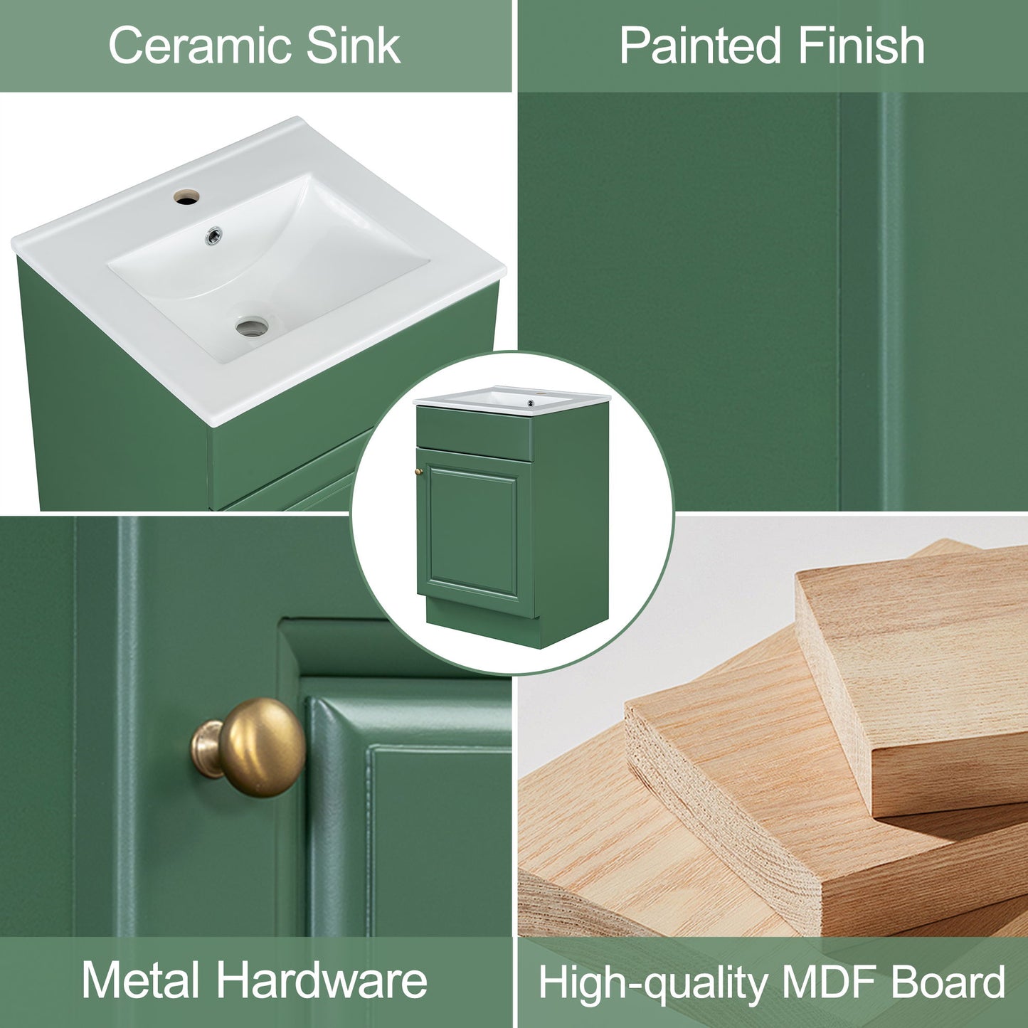 20" Bathroom Vanity With Sink, Freestanding Cabinet With Door Shelf And Adjustable Shelf, And Ceramic Construction - Green