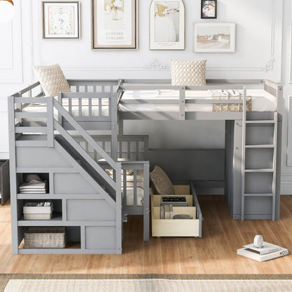 Twin Twin Over Full L Shaped Bunk Bed With 3 Drawers, Portable Desk And Wardrobe - Gray