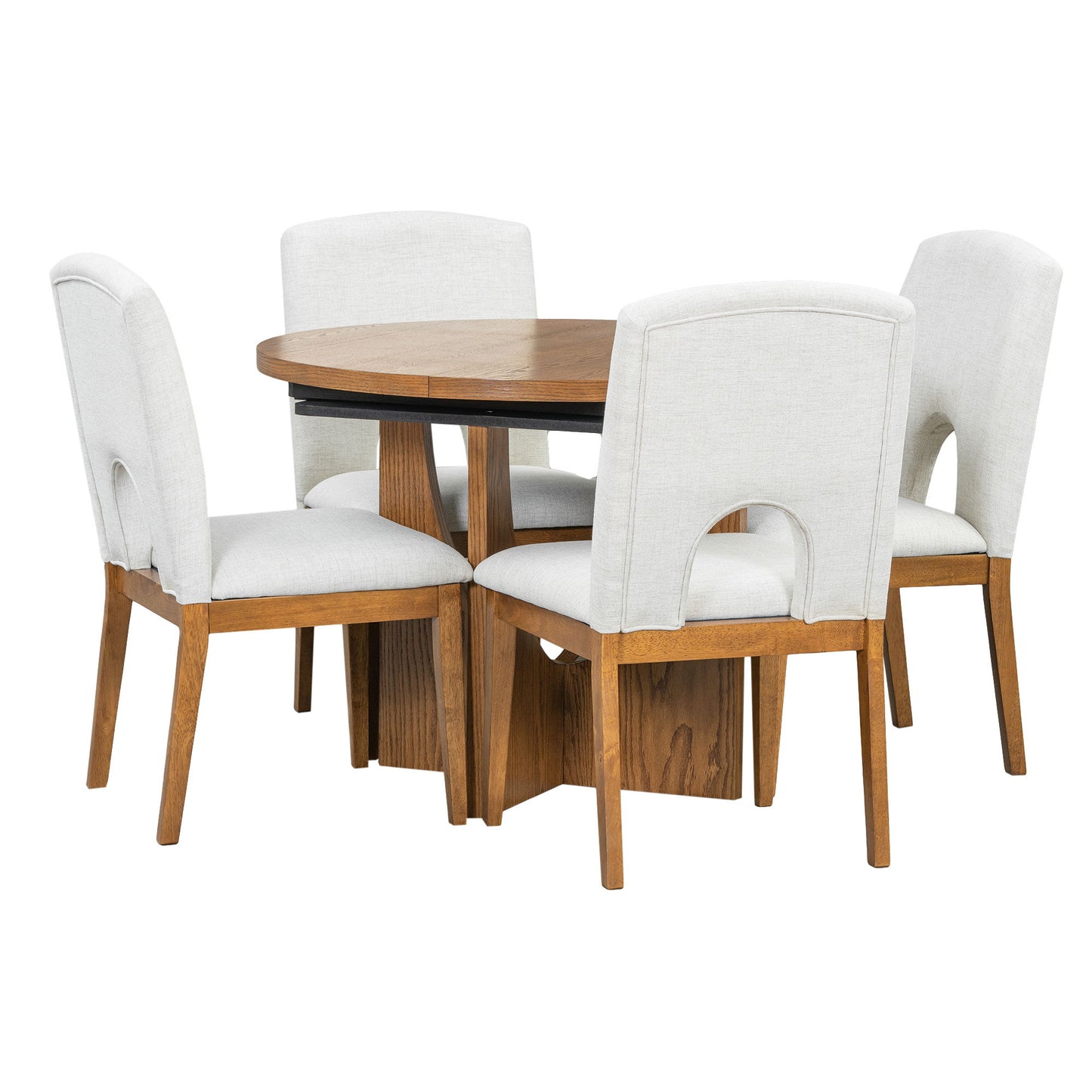 Topmax - 5 Piece Modern Extendable Round Dining Table Set With Removable Leaf For Small Places - Walnut / Beige
