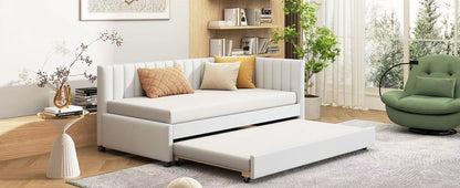 Twin Size Sofa Bed Upholstered Daybed With Trundle Frame No Box Spring Needed, Linen - Beige