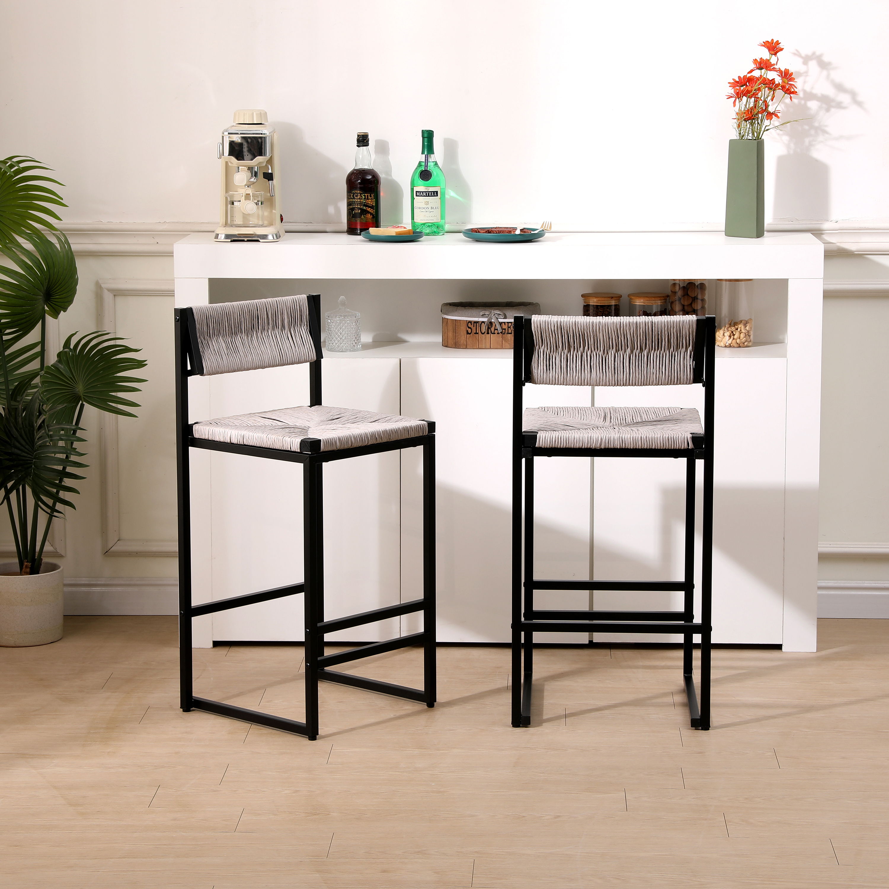 Hand Weave Bar Stools With Back Counter Height Bar Chairs (Set of 2), Paper Rope Woven Dining Stool For Kitchen, Home & Office - Gray