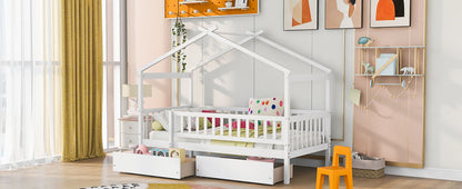 Twin Size House Bed With 2 Drawers - White