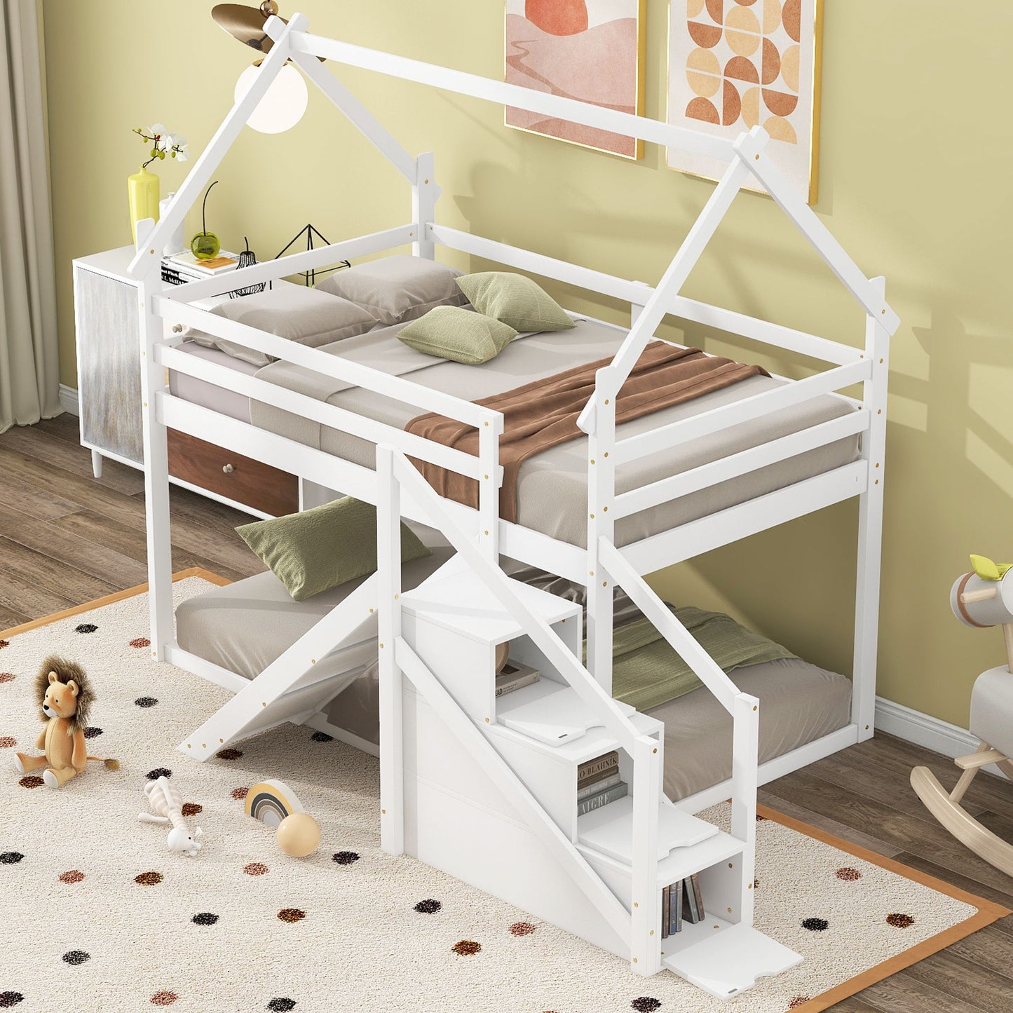 Twin Over Twin House Loft Or Bunk Bed With Slide And Staircase - White