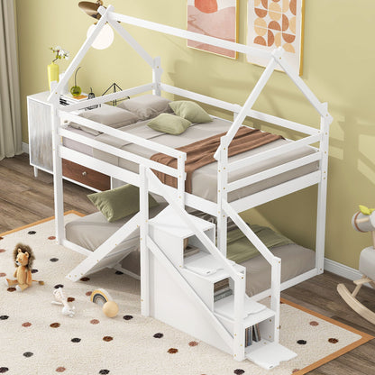 Twin Over Twin House Loft Or Bunk Bed With Slide And Staircase - White