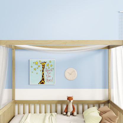 Full Size Canopy Frame Floor Bed With Fence, Guardrails - Natural