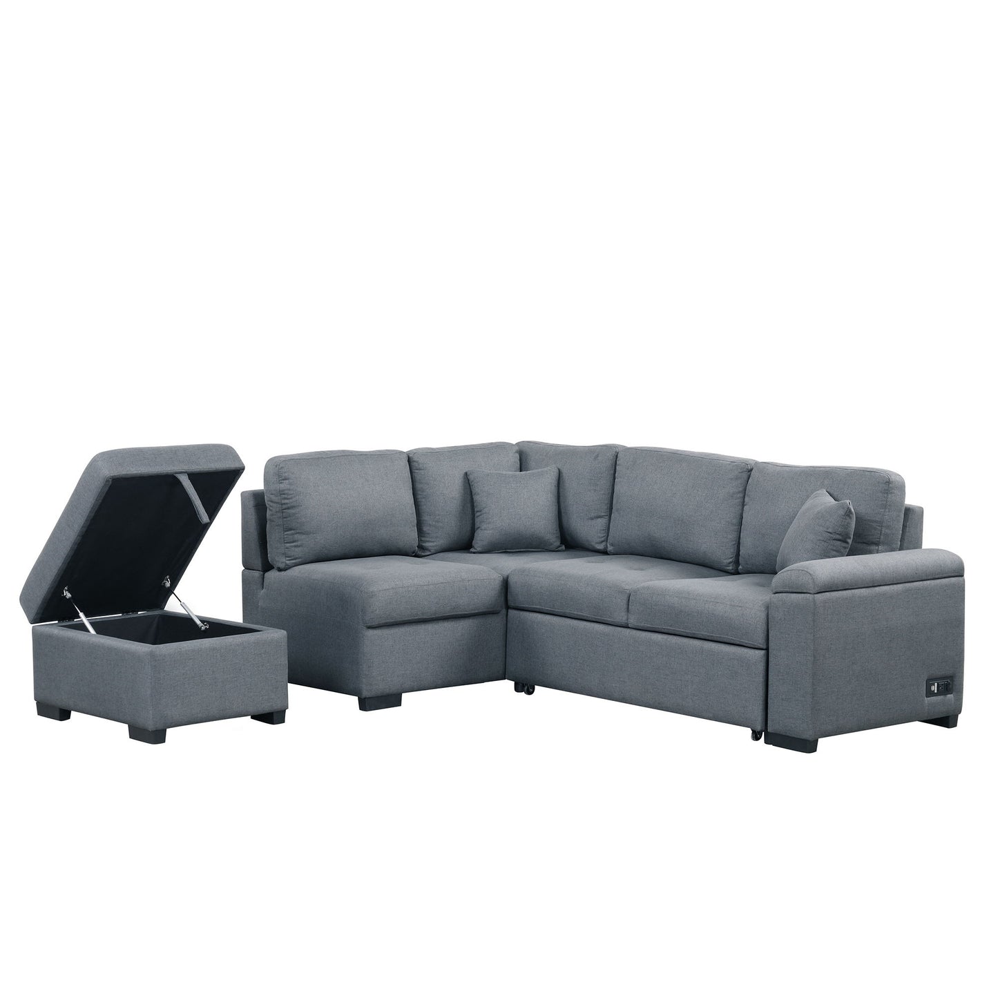 Sleeper Sectional Sofa, L-Shape Corner Couch Sofa - Bed With Storage Ottoman & Hidden Arm Storage & USB Charge For Living Room Apartment - Dark Gray