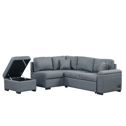Sleeper Sectional Sofa, L-Shape Corner Couch Sofa - Bed With Storage Ottoman & Hidden Arm Storage & USB Charge For Living Room Apartment - Dark Gray