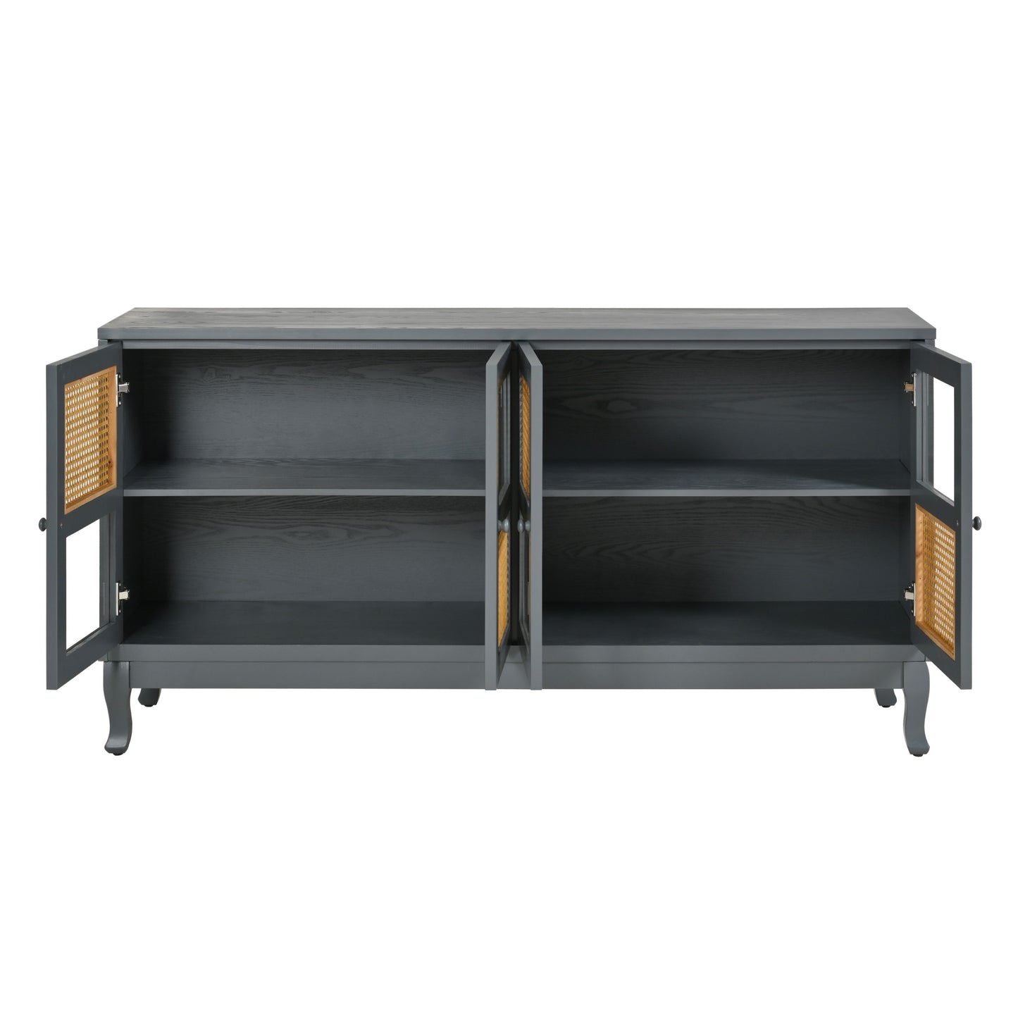 Retro Industrial Gray 4 Door Sideboard With Large Storage, Rattan And Glass Doors - Antique Dark Gray / Rattan