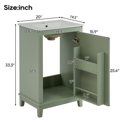 Modern Small Bathroom Vanity Cabinet With Ceramic Basin, Ample Storage, 1 Soft Close Door - Green