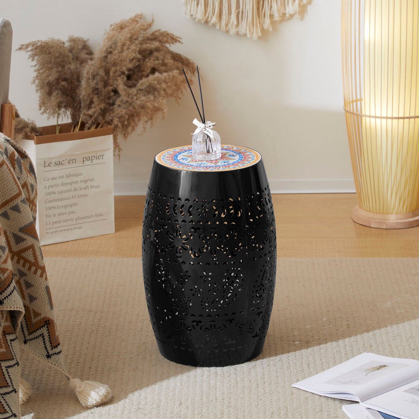 Boho Mosaic Side Table With Ceramic Tile Top - Black