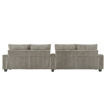 Modern 4 Seater Corduroy Sofa Couch With USB Ports, Hidden Storage Arms, And Flip Top Cup Holders - Brown - Brown