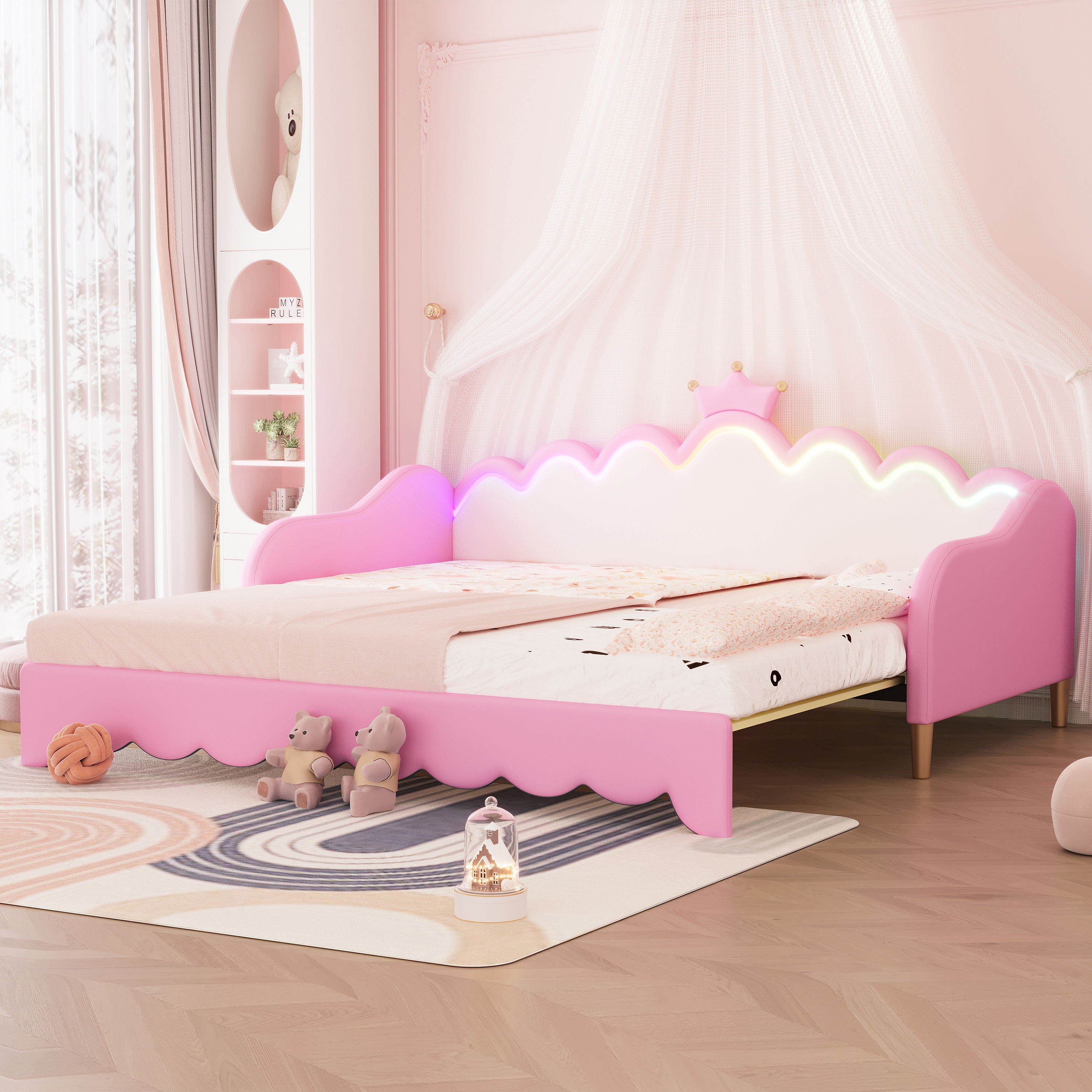 Twin Extending Daybed With LED Lights, Modern Upholstered Princess Daybed With Crown Headboard - Pink
