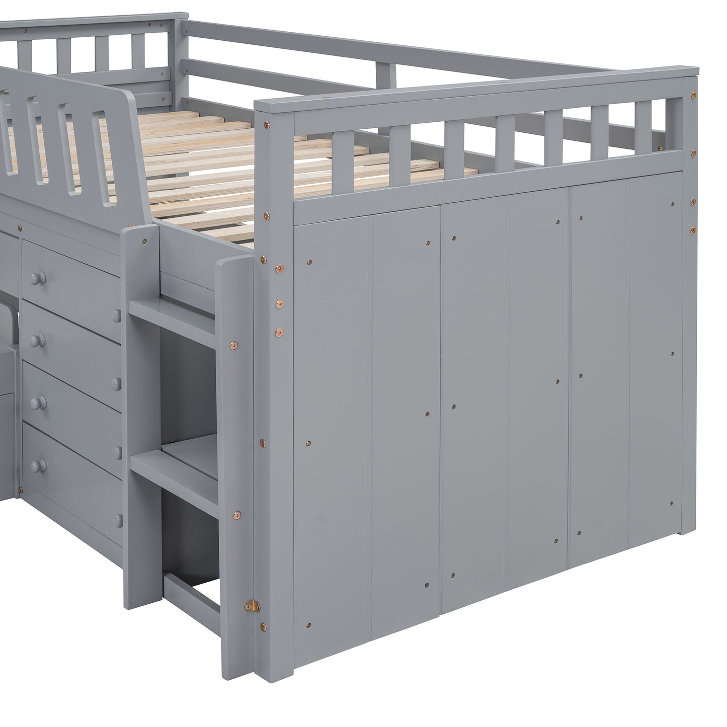 Twin Loft And Platform Bed With 7 Drawers And Full Guardrails, Modern L Shaped Space Saving - Gray