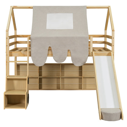Twin Size Loft Bed With House Shaped Frame And Tent - Natural / Beige
