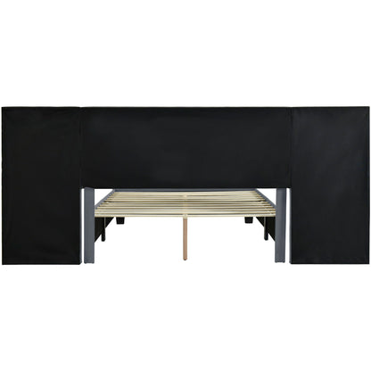 Queen Size Upholstered Platform Bed With Big Headboard - Gray