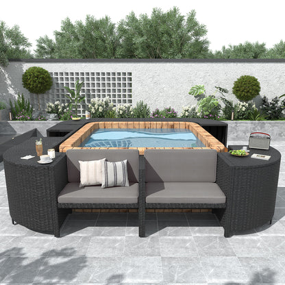 Spa Surround Spa Frame Quadrilateral Outdoor Rattan Sectional Sofa Set With Mini Sofa, Wooden Seats And Storage Spaces - Gray