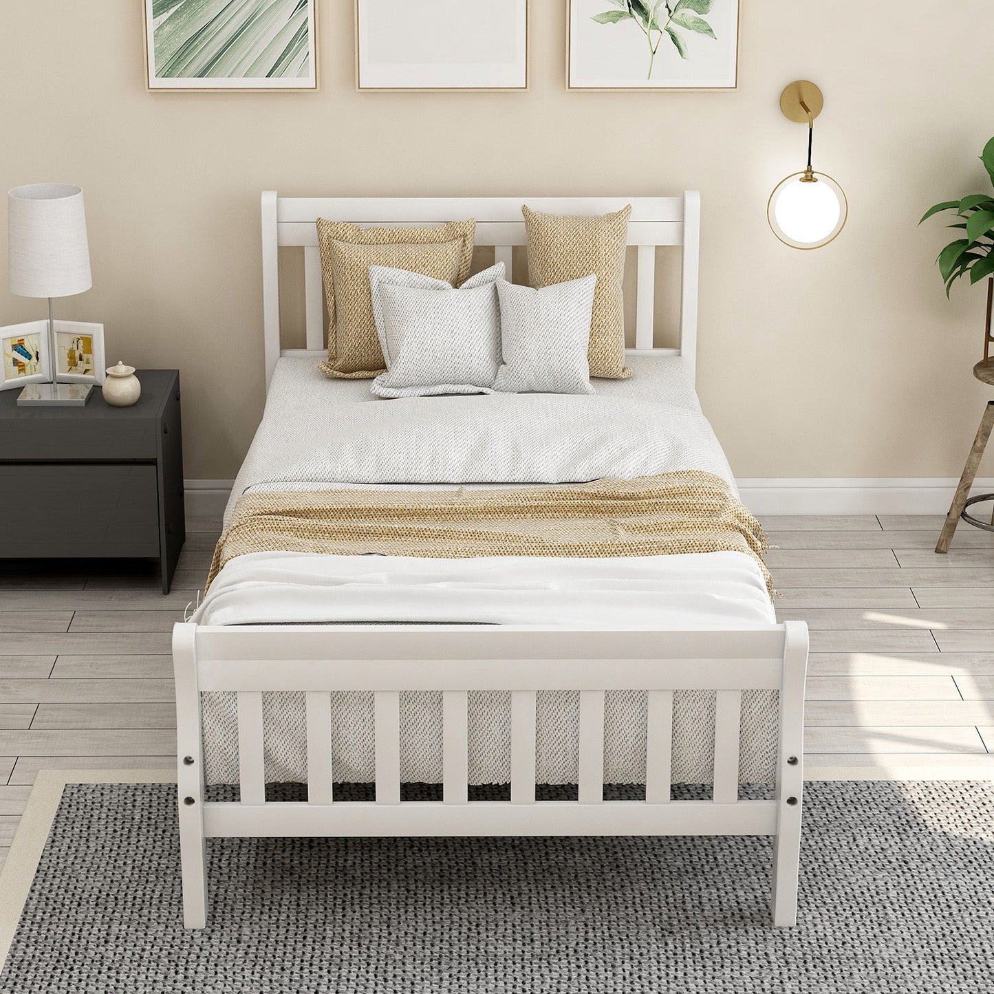 Twin Platform Bed, Mattress Foundation Sleigh Bed With Headboard, Footboard, Slat Support - White