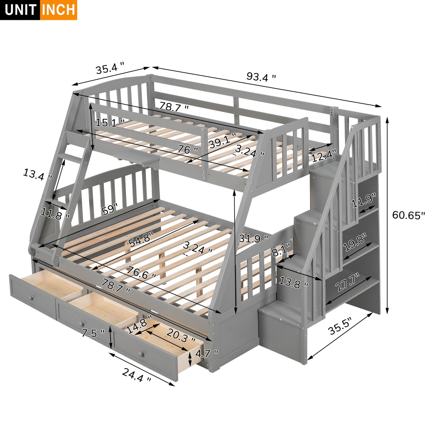 Twin Over Full Bunk Bed With Drawers, Ladder And Storage Staircase - Gray