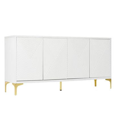 Modern Wood Sideboard Cabinet With Carved Door Panels, Adjustable Shelves, And Sturdy Metal Legs - White