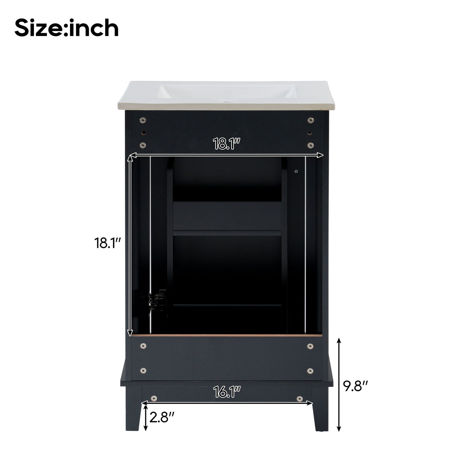 Modern Small Bathroom Vanity Cabinet With Ceramic Basin, Ample Storage, 1 Soft Close Door - Black