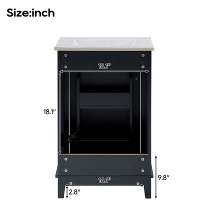 Modern Small Bathroom Vanity Cabinet With Ceramic Basin, Ample Storage, 1 Soft Close Door - Black