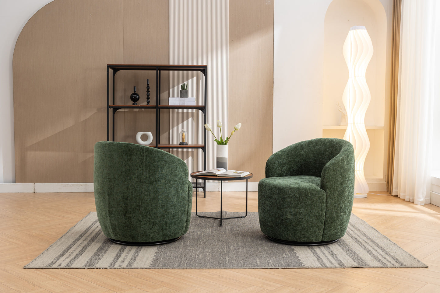 Chenille Fabric Swivel Accent Armchair Barrel Chair With Black Powder Coating Metal Ring - Green