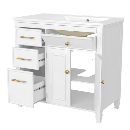 Modern Bathroom Vanity With Ceramic Sink, Freestanding, One Tip - Out Drawer, 3 Side Drawers, Adjustable Shelf - White
