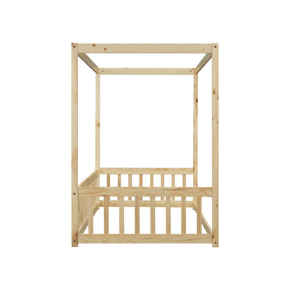 Twin Size Canopy Frame Floor Bed With Fence, Guardrails - Natural