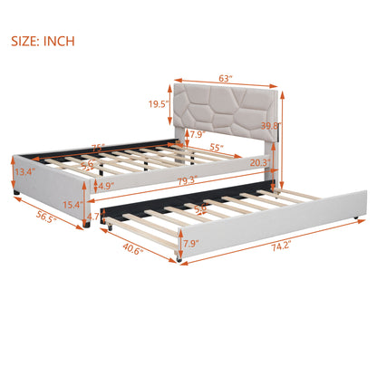 Full Size Upholstered Platform Bed With Brick Pattern Headboard And Twin Size Trundle - Beige