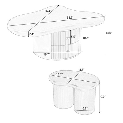 Cloud - Coffee Table (Set of 3), Irregular Shape Coffee Table With 2 Drawers, 2 Small Stools For Living Room - White