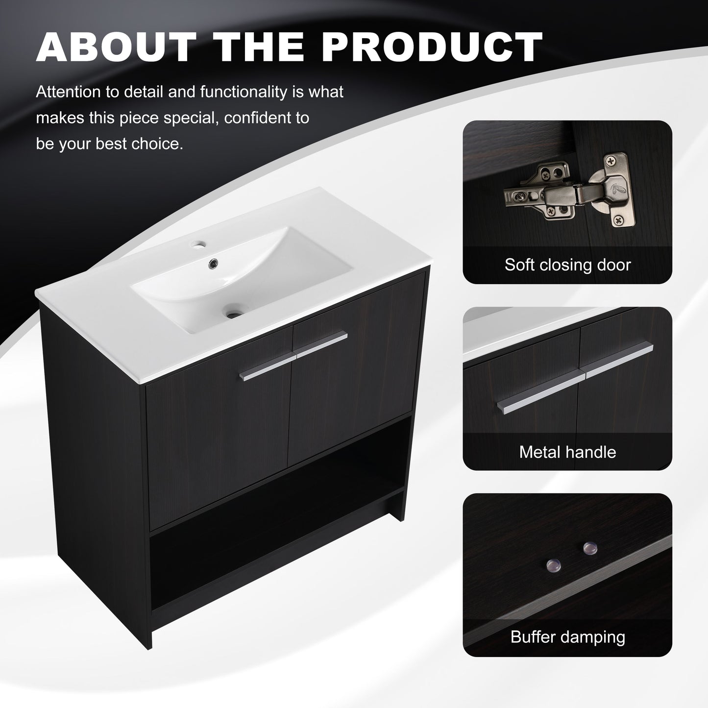 Modern 36" Bathroom Vanity With Ceramic Sink And Soft Closing Doors - Dark Oak
