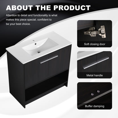 Modern 36" Bathroom Vanity With Ceramic Sink And Soft Closing Doors - Dark Oak