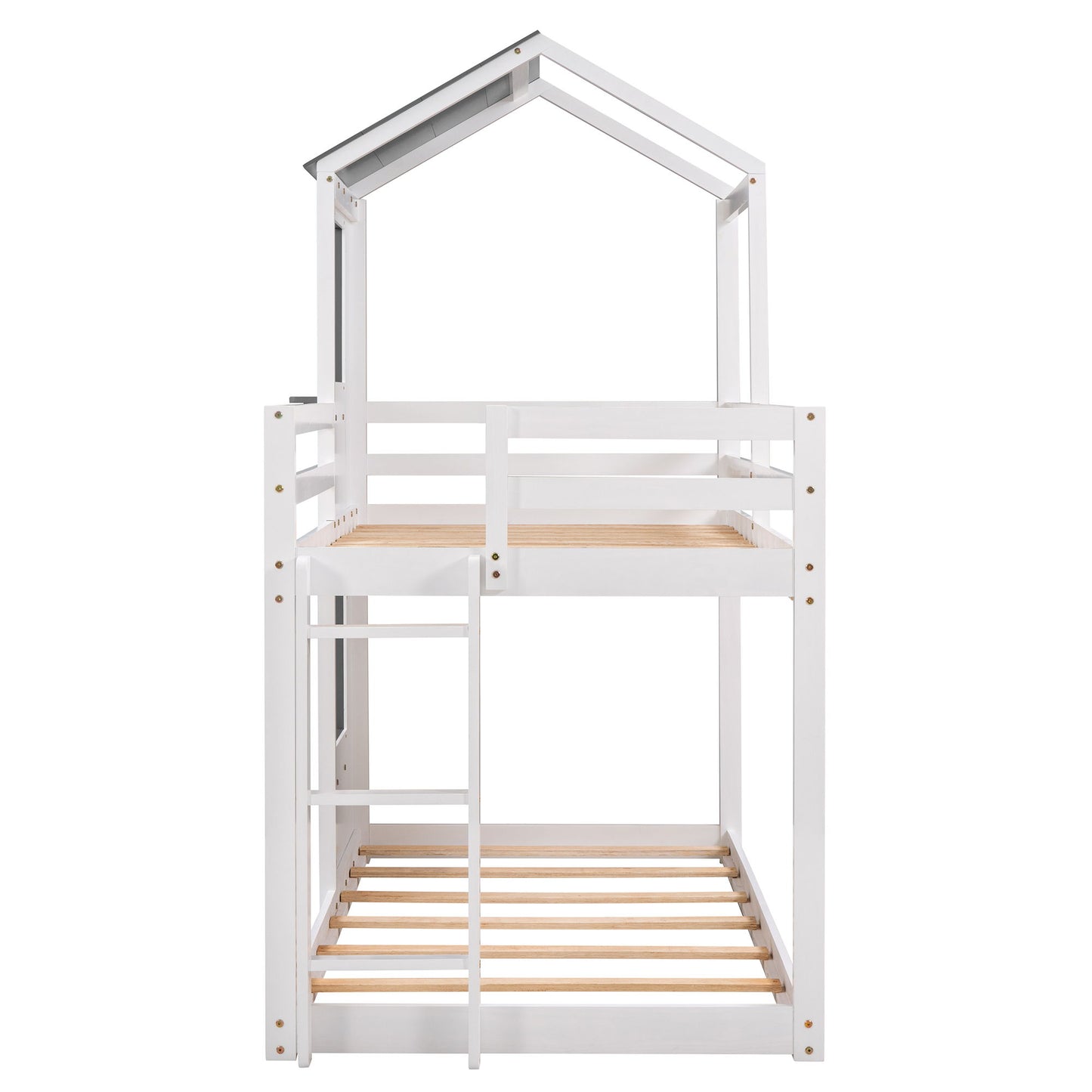 Twin Over Twin Bunk Bed & Roof, Window, Guardrail, Ladder - White