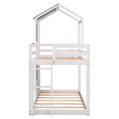 Twin Over Twin Bunk Bed & Roof, Window, Guardrail, Ladder - White