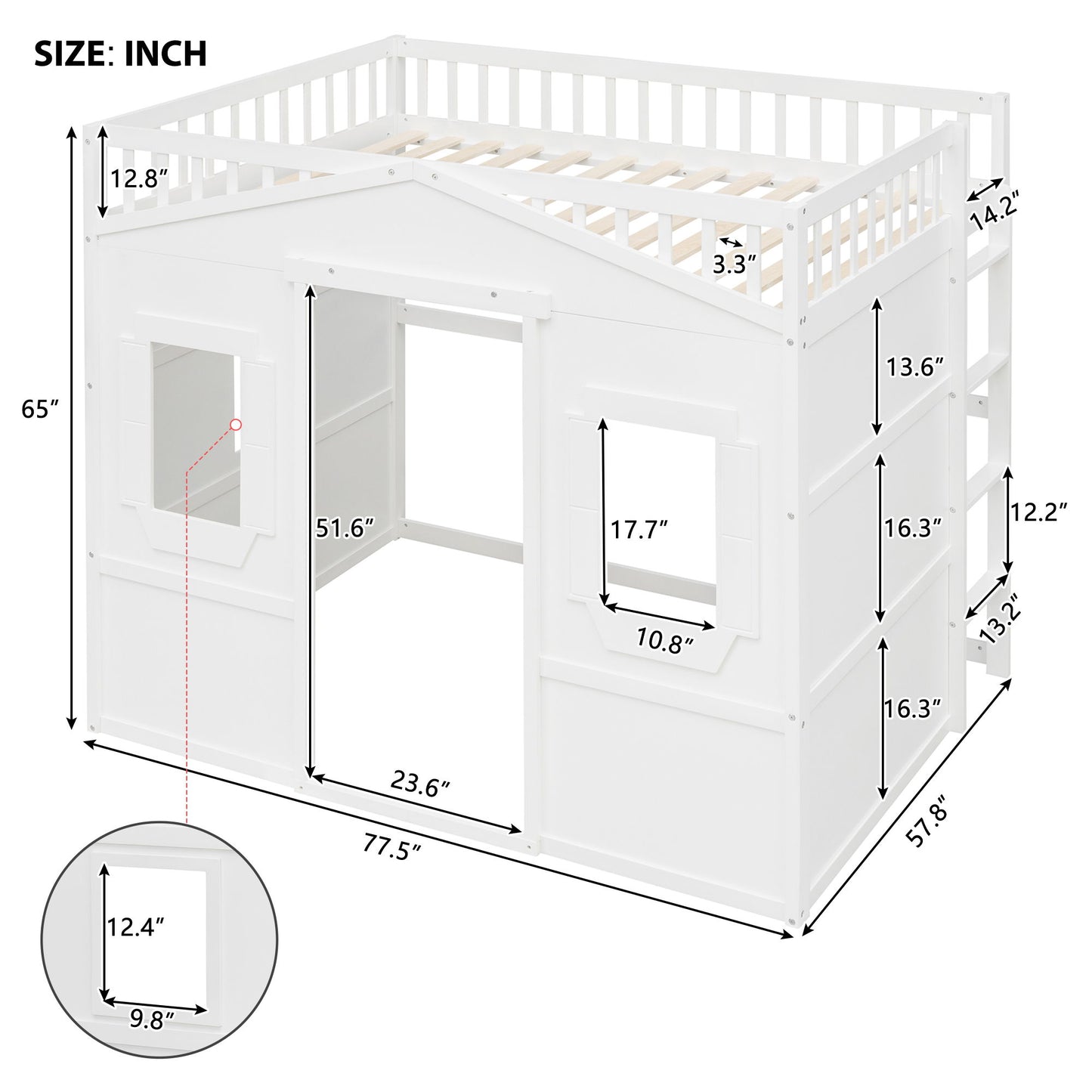 Full Size House Loft Bed With Ladder - White