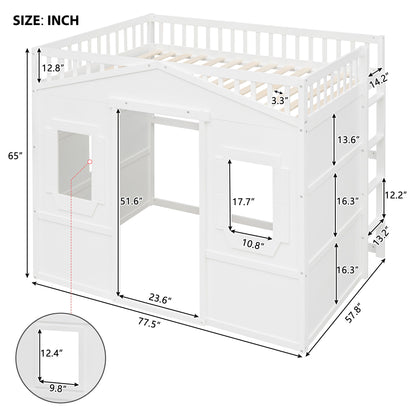 Full Size House Loft Bed With Ladder - White