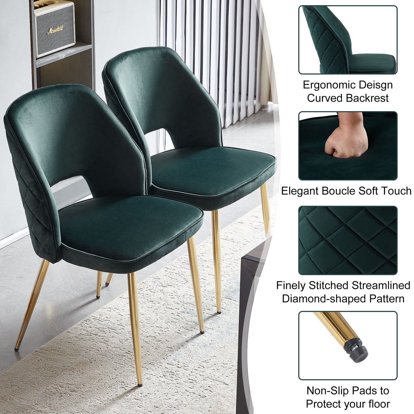 Velvet Dining Chairs With Metal Legs And Hollow Back Upholstered Dining Chairs (Set of 4) - Dark Green