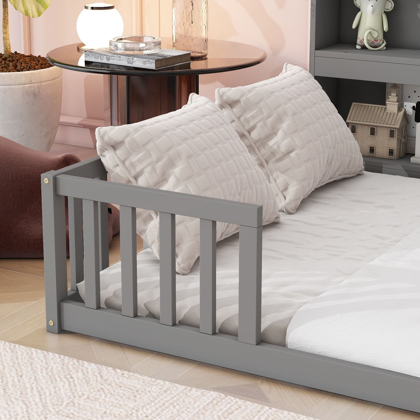 Full Floor Bed With Side Bookcase, Shelves, Guardrails - Gray