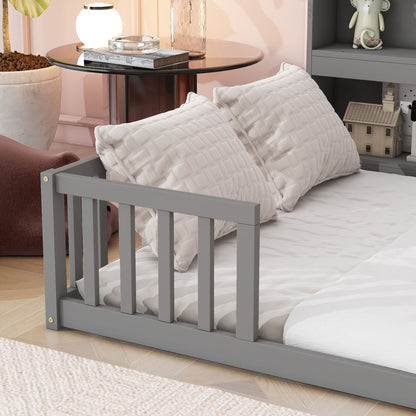 Full Floor Bed With Side Bookcase, Shelves, Guardrails - Gray