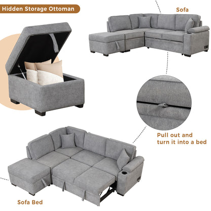 Sleeper Sofa Bed, 2 In 1 Pull Out Sofa Bed L Shape Couch With Storage Ottoman For Living Room, Bedroom Couch And Small Apartment - Gray
