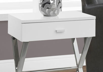 Accent Side Table, Storage Drawer, Glossy Contemporary And Modern - White