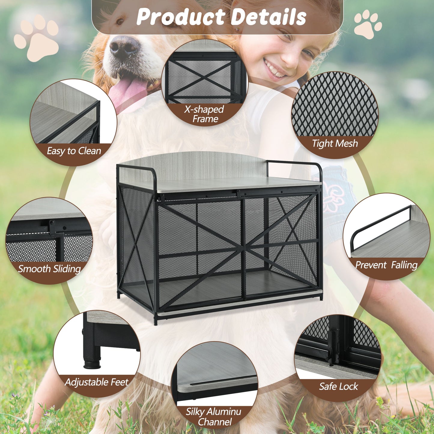 Heavy Duty Large Dog Crate Furniture For Large Medium Dog, Farmhouse Wooden Dog Kennel Indoor End Table, Decorative Pet House For Large Dogs - Gray