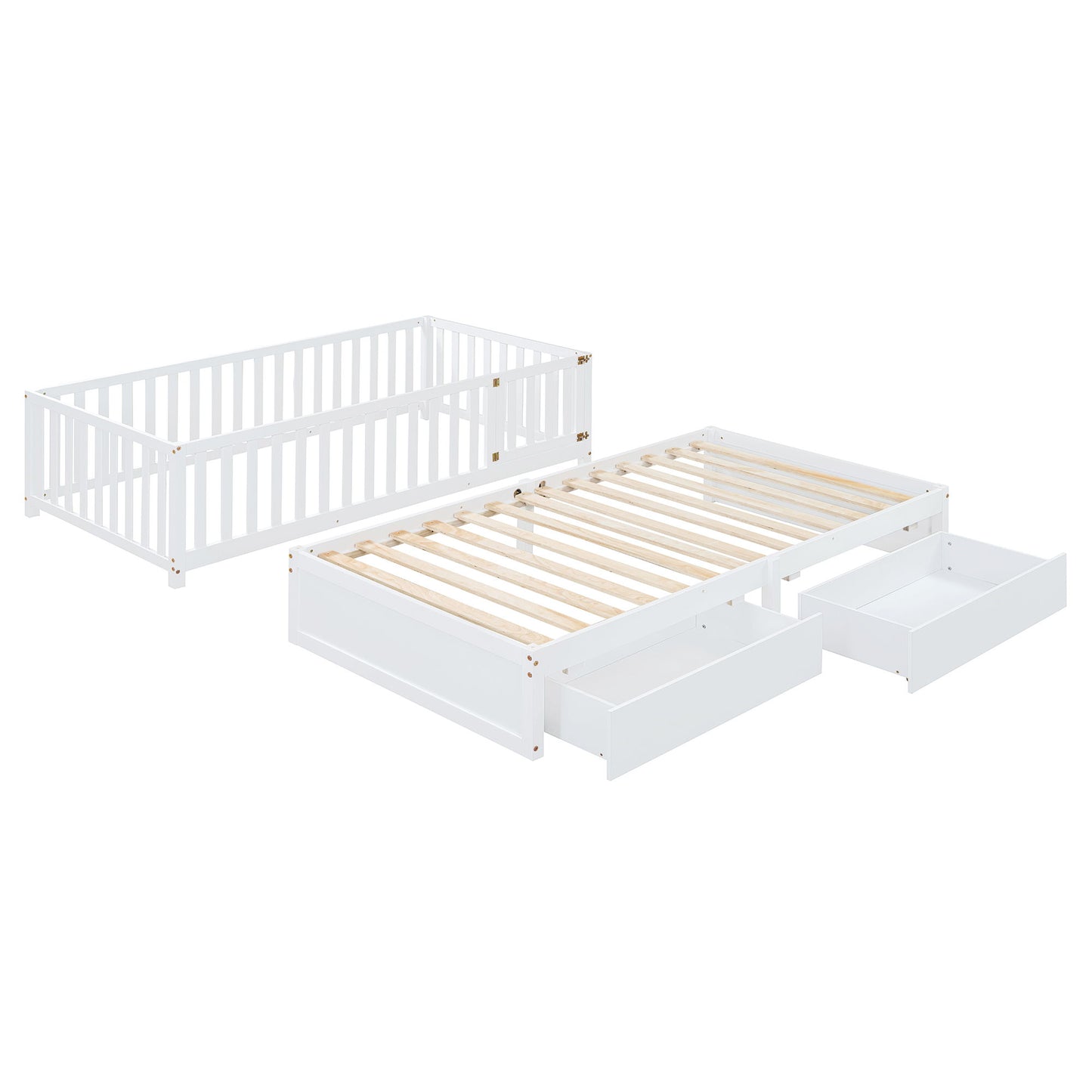 Twin Size Daybed With Fence Guardrails And 2 Drawers, Split Into Independent Floor Bed & Daybed - White